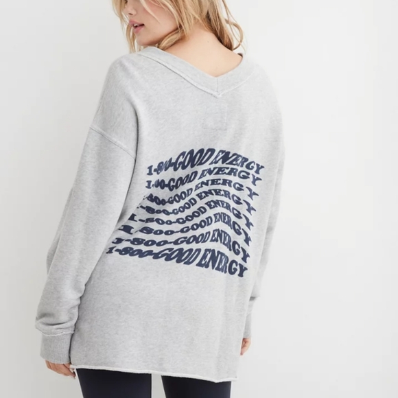 Aerie Wonder Good Energy Gray V-Neck Oversized Comfy Sweatshirt Size Medium - Picture 2 of 16